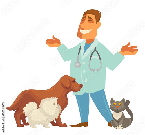 Vector illustration of a veterinarian with  cute puppy dog and cat .