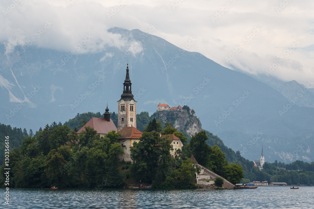 Old baroque church on the island on Blade lake, Slovenia