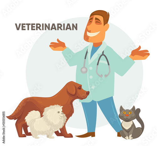 Vector illustration of a veterinarian with  cute puppy dog and cat .