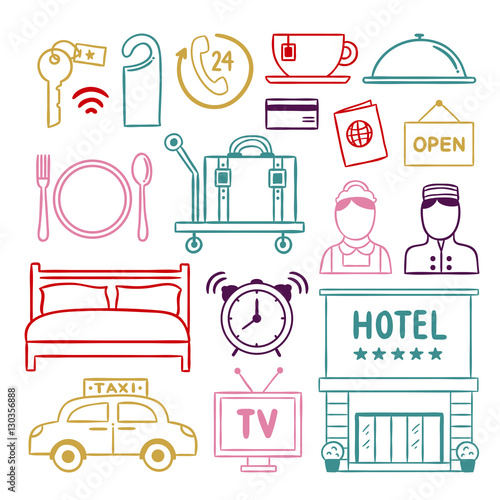 Hotel service doodle icons. Hand drawn hotel illustrations
