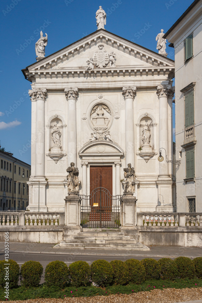 Church facade in the historic center of Udine, Italy
