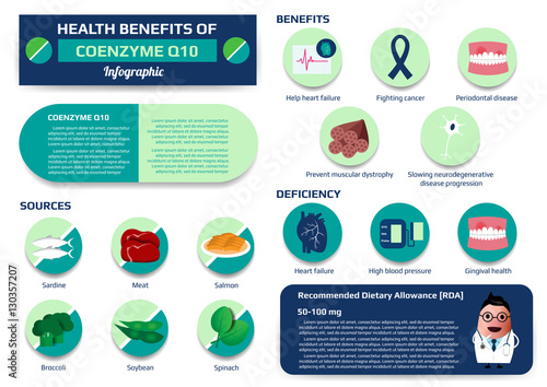 Health benefits of coenzyme q10 infographic including of sources, benefits and deficiency, supplement medical vector illustration for education. photo