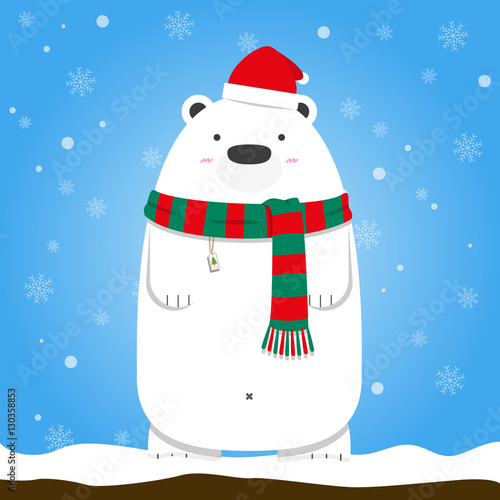Merry Christmas white polar bear wear Santa hat and scarf on snow flake blue background.