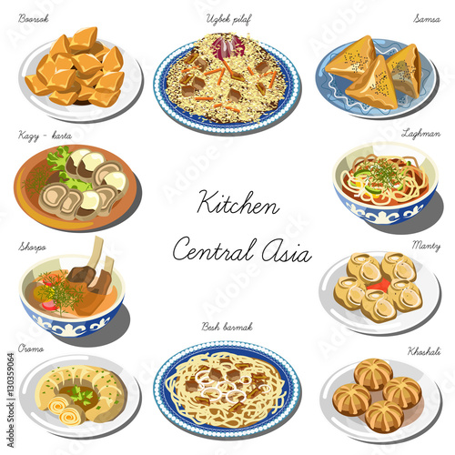 Central asia cuisine set. Collection of food dishes