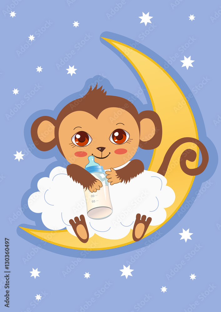 Cute Baby Monkey On The Moon Holding A Bottle Of Milk. Cartoon Vector Card. Baby  Monkey For Sale. Baby Monkey Costume. Baby Monkey Doll. Baby Monkey Plush. Baby  Monkey Mascot. Stock Vector |
