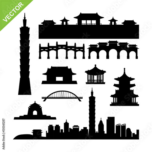Taiwan, Taipei landmark silhouettes vector
