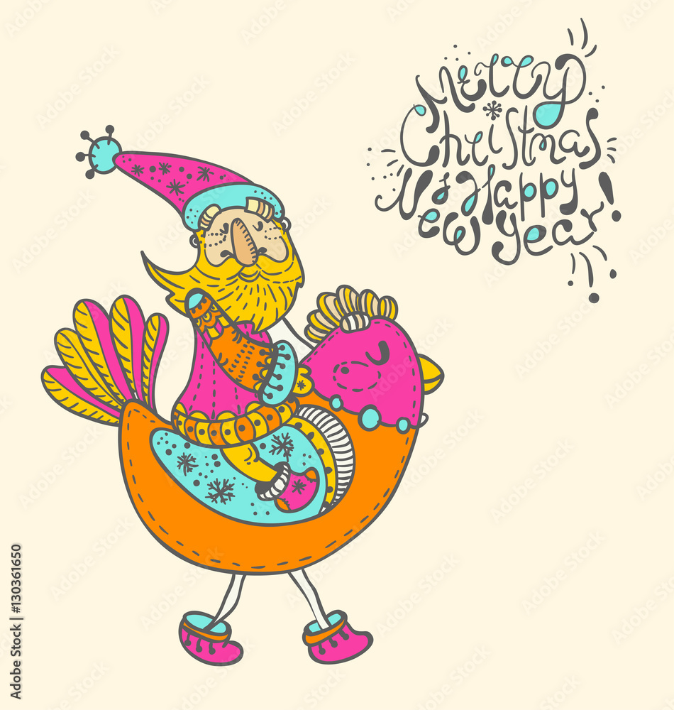 Naklejka premium Funny rooster and Santa Claus illustration