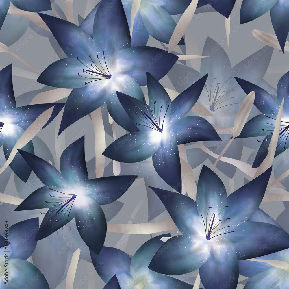 Blue fantasy lilly floral seamless pattern - obrazy, fototapety, plakaty 