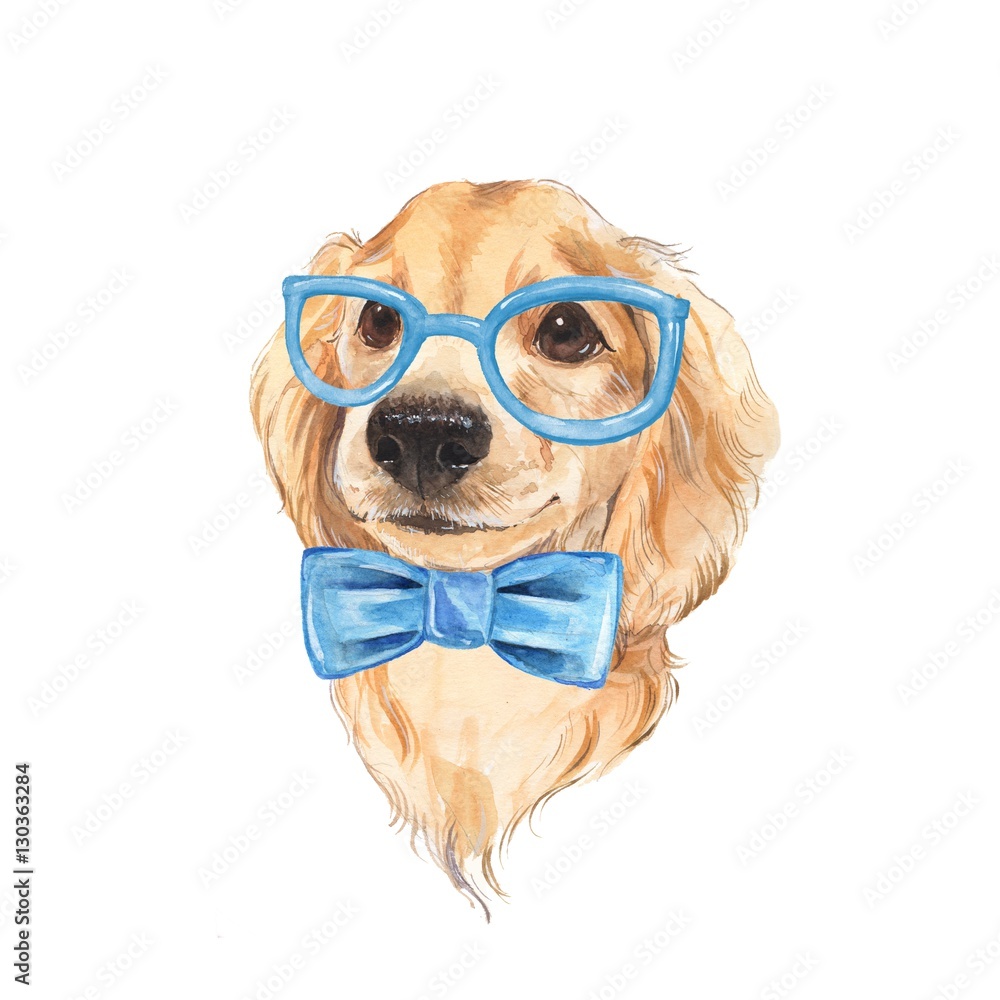 Cute dog sketch. Blue bow tie. Hand painted. Watercolor