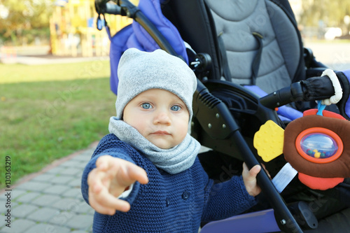 Cute little baby near strol...