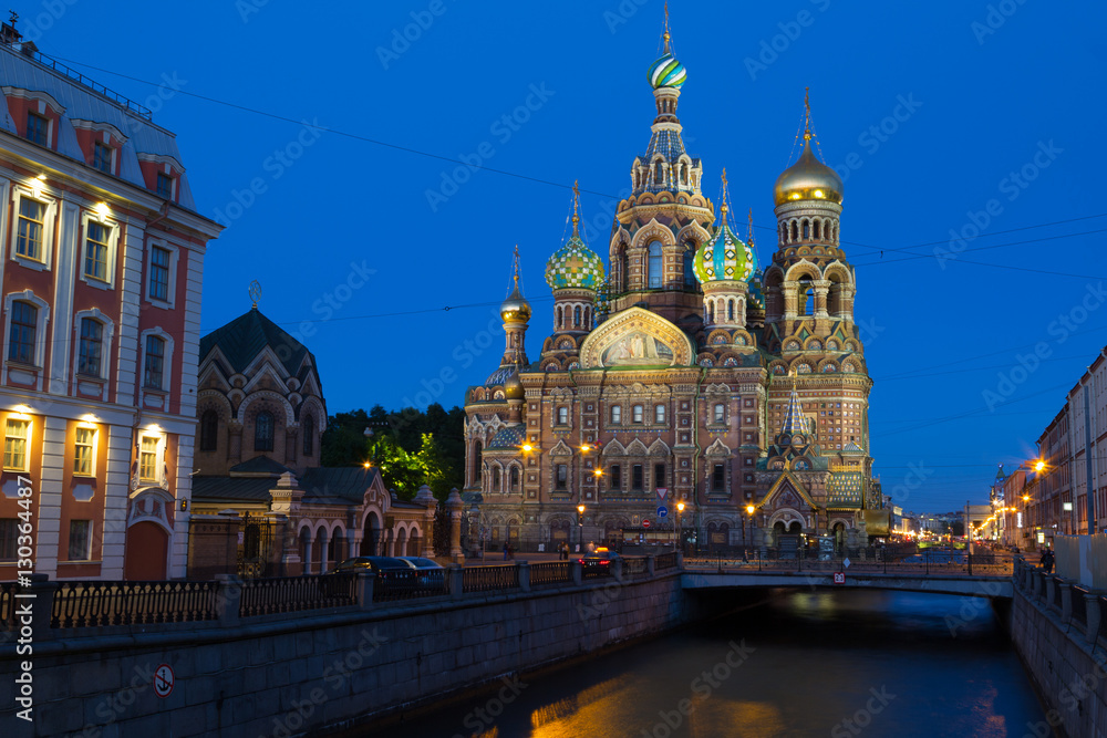 Church on Spilled Blood (or Resurrection Church of Our Savior) in Saint Petersburg, Russia on Griboedova Canal at twilight during the white nights
