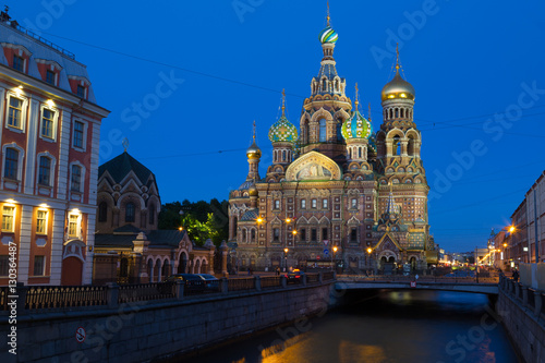 Church on Spilled Blood (or Resurrection Church of Our Savior) in Saint Petersburg, Russia on Griboedova Canal at twilight during the white nights