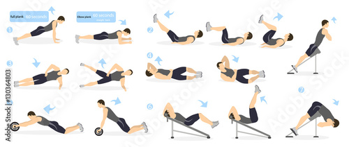 Abs workout for men. Man in sport outfit doing abs exercises in gym. All kinds of abdominal training.