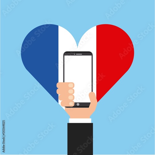 heart with france flags and hand holding a smartphone holding a blue background. colorful design. vector illustration