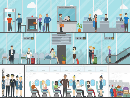 Airport terminal set. Business travel, vacation, tourism. Boarding passengers with luggage and tickets. Sitting in the plane.