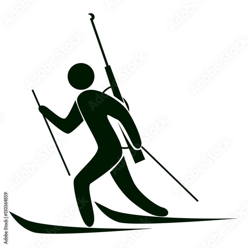 Isolated biathlon icon. Black figure of an athlet on white background. Person with ski and rifle.