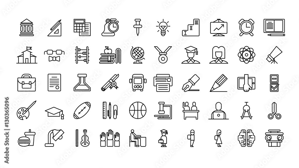 Education icons set. Isolated icons on white background. Book and pen, globe and microscope.
