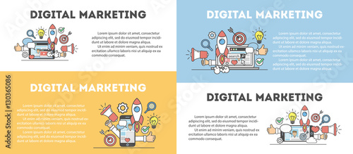 Digital marketing concept set. Social network and media communication. SEO, SEM and promotion.