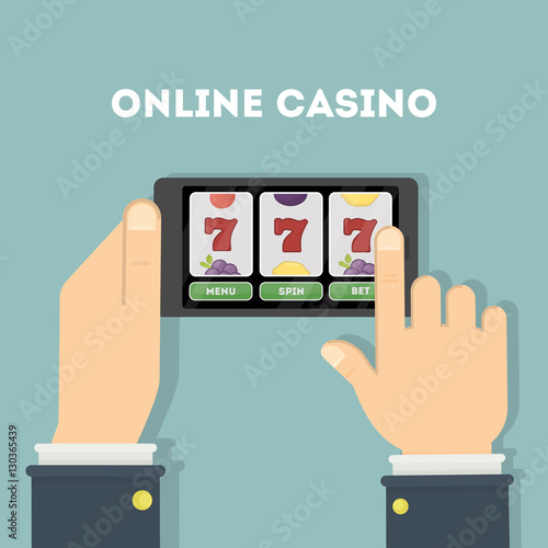 Online casino in the tablet. Hands holding device with gambling game.