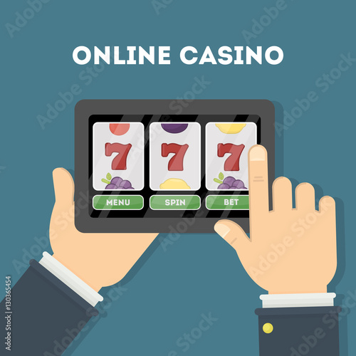 Online casino in the tablet. Hands holding device with gambling game. Gaming addiction.