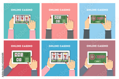 Online casino in the tablet. Hands holding device with gambling game. Gaming addiction. Image set.