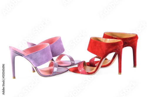 Lady leather handmade shoes. Pink and Red heels sandals