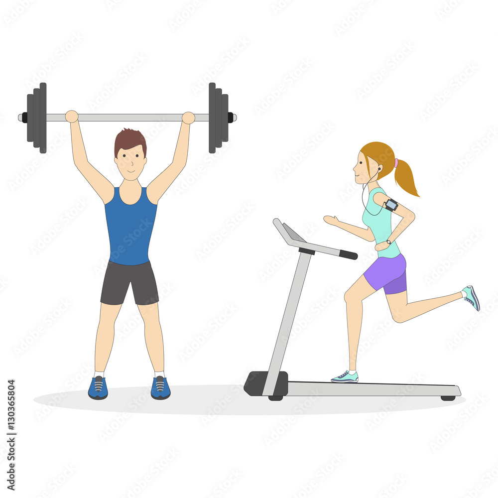 Fototapeta premium Isolated sport couple on white. Man with heavy weights and woman running on the treadmill.