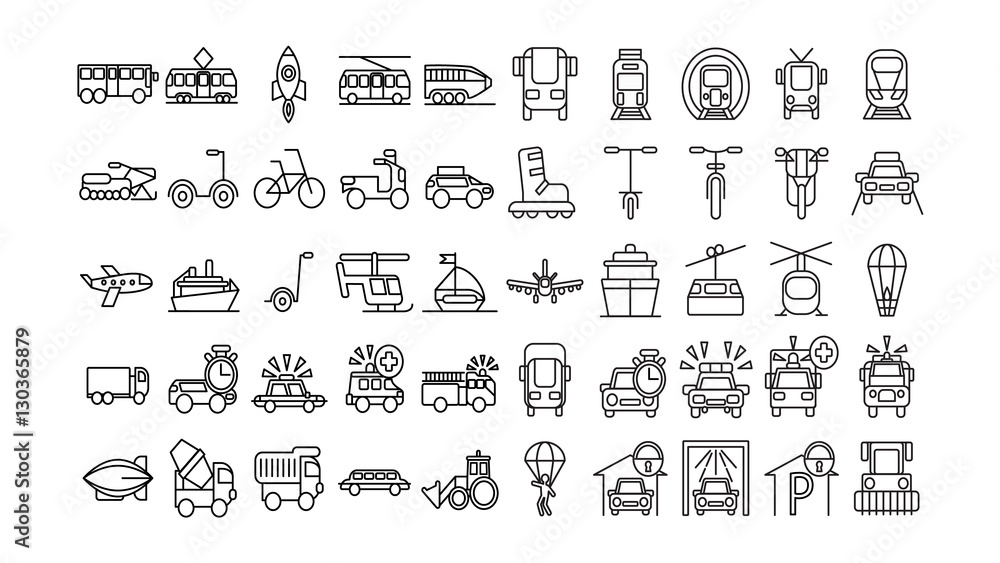Transportation icons set on white. All kinds of vehicles as bus, train, bycicle and more.