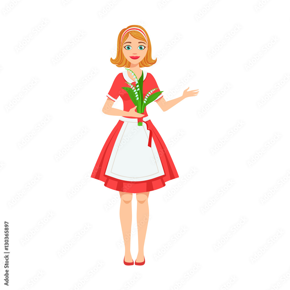 Girl Florist In Apron Working As Flower Shop Attendant Holding Bouquet Of Lily Of The Valley In Hands Girl Florist In Apron Working As Flower Shop Attendant Holding Bouquet Of Lily Of The Valley In Hands