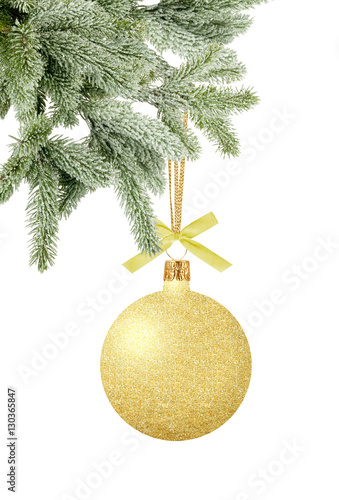 Gold Christmas ball on ribbon on tree isolated on white backgrou