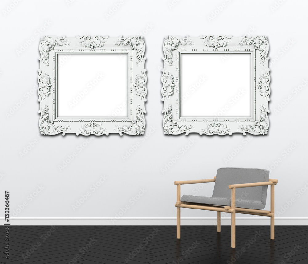3d interior rendering of gray armchair and two blank Baroque picture frame 3d interior rendering of gray armchair and two blank Baroque picture frame