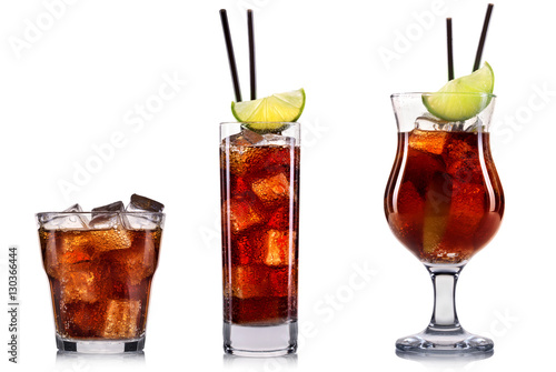 soda juice with ice cubes and lime isolated on white background