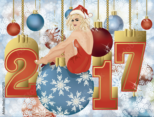 Holidays card New year 2017 santa pinup girl, vector illustration