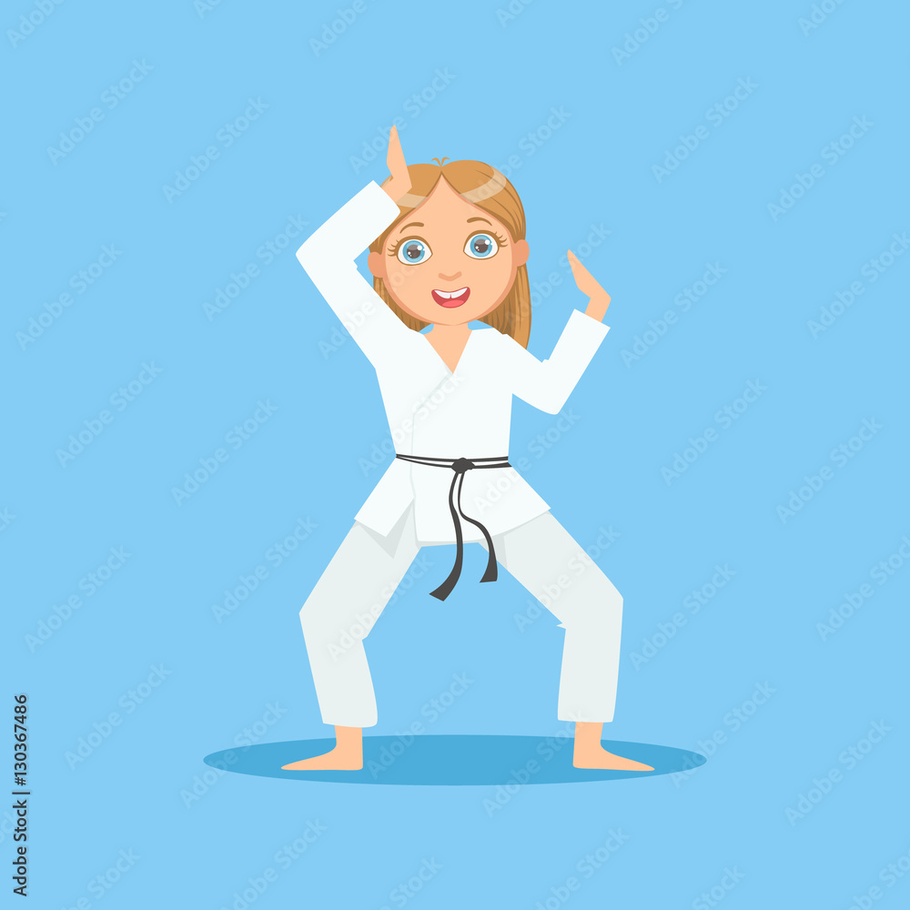 Girl In White Kimono Demontrating Starting Stance On Karate Martial Art Sports Training Cute Smiling Cartoon Character