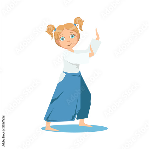 Girl With Ponytails In Wide Trousers On Karate Martial Art Sports Training Cute Smiling Cartoon Character