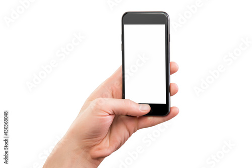 Male hand holding cellphone isolated at white background