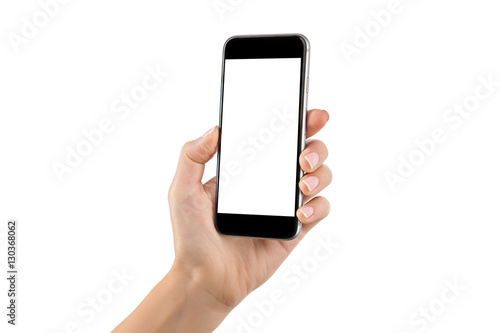 Female hand holding cellphone isolated at white background