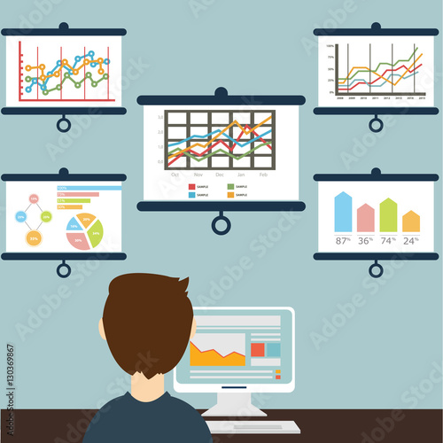 Flat vector illustration of web analytic information and development website statistic