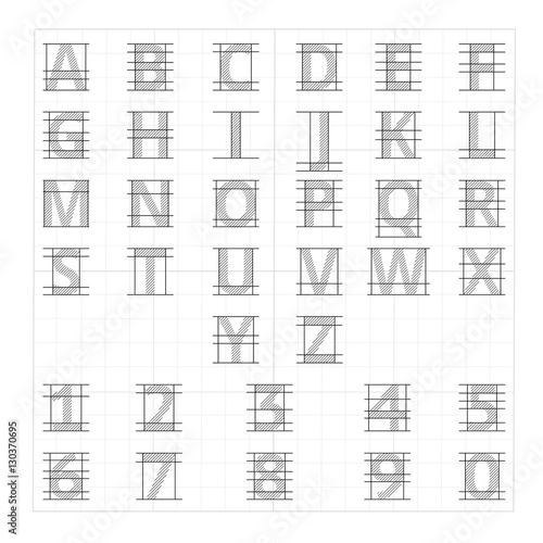 Drafting paper alphabet. Vector drawing sketch letters