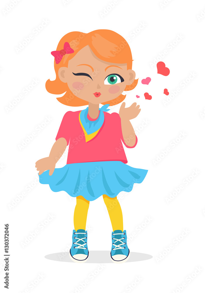 Young Girl Sent Air Kiss Isolated on White. Vector Young Girl Sent Air Kiss Isolated on White. Vector