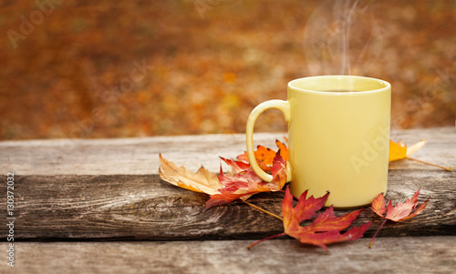 Tea cup on wooden surface in the fall