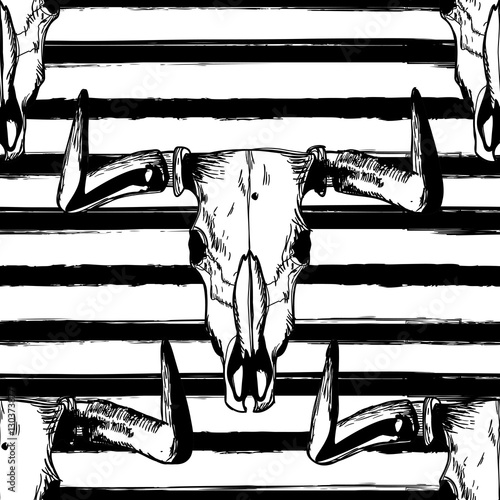 Vector seamless striped pattern with hand drawn buffalo skulls. Tribal grunge ornament. Bull white scull on black stripes background. Design for fashion boho textile print, wrapping, backgrounds.