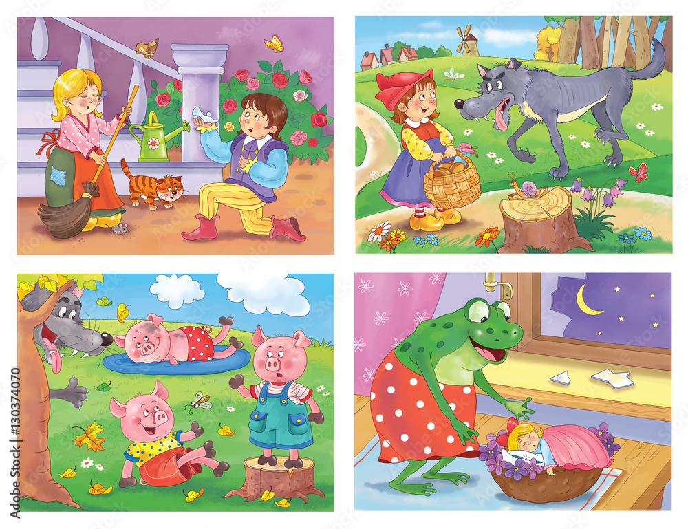 Fototapeta premium Collection of fairy tale illustrations. The frog prince. Mermaid. The Snow White and seven dwarfs. The Snow Queen