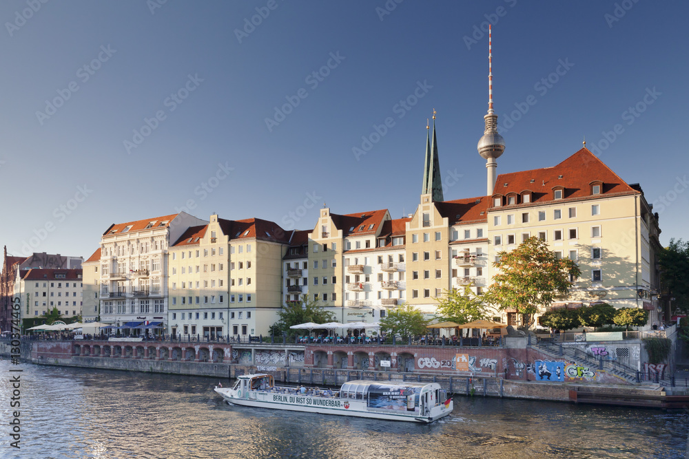 Nikolaiviertel Quarter, Spree River and Berliner Fernsehturm TV Tower, Berlin, Germany Nikolaiviertel Quarter, Spree River and Berliner Fernsehturm TV Tower, Berlin, Germany