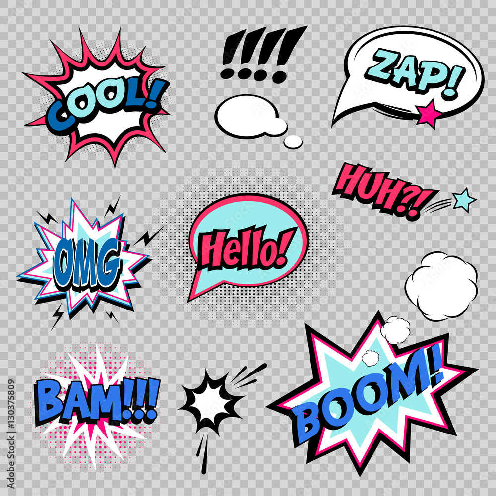Lånte gentage fyrretræ Collection of nine multicolored comic sound Effects a transparent  background in pop art vector style. Sound bubble speech with word and comic  cartoon expression sounds illustration Stock Vector | Adobe Stock