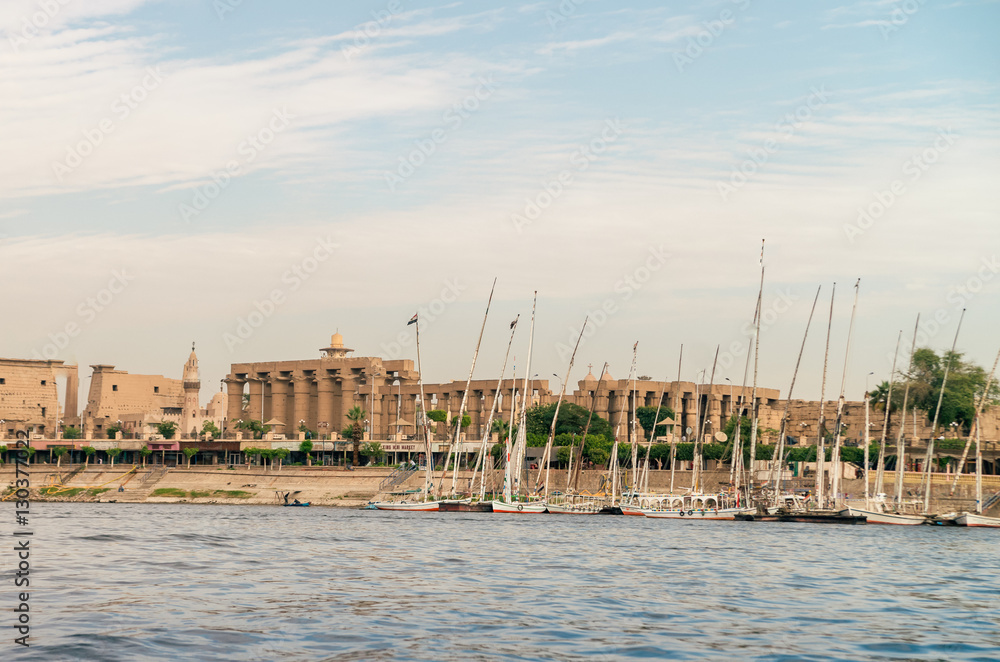 Nile river landscape with bots near Luxor city, Egypt
