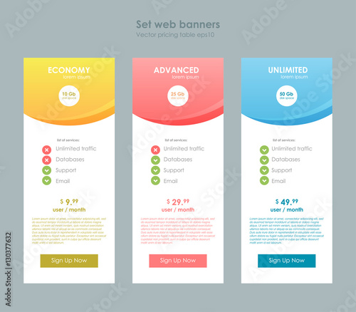 Three tariffs. Interface for the site. ui ux vector banner for web app. Pastel pricing table, banner, order, box, button, list and bullet with plan for website in flat design, style