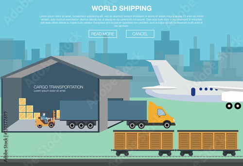 Cargo transportation by road and train. Workers loading and unloading trucks and rail car with forklifts. Logistic concept transport delivery services. vector illustration