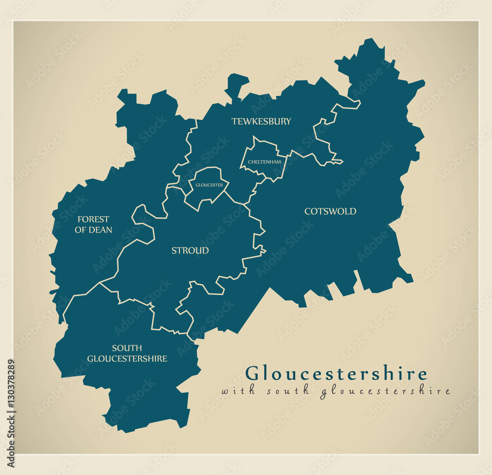 Modern Map - Gloucestershire county with South Gloucestershire labels UK