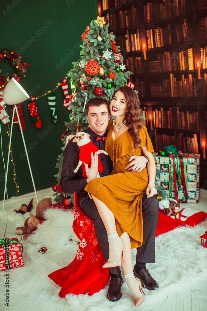 Attractive young woman sits on man's knees before Christmas tree Attractive young woman sits on man's knees before Christmas tree